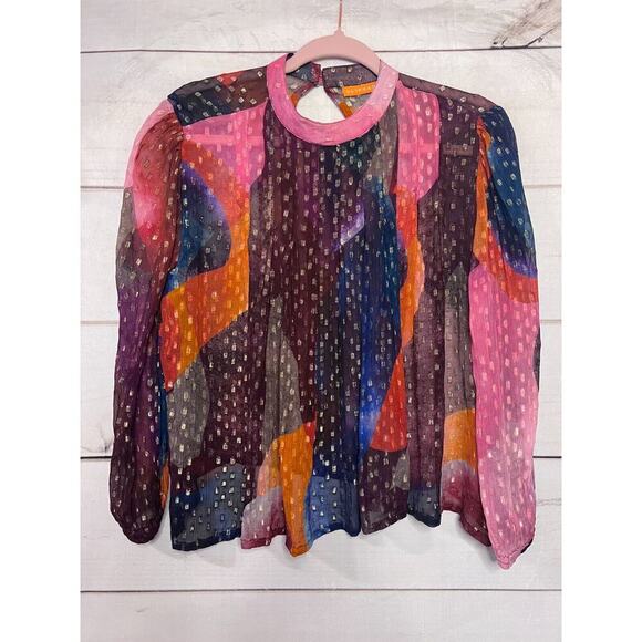 Oliphant Women’s Hi Neck Smocked Sleeve Blouse Metallic Gold Lurex XS - Picture 1 of 6